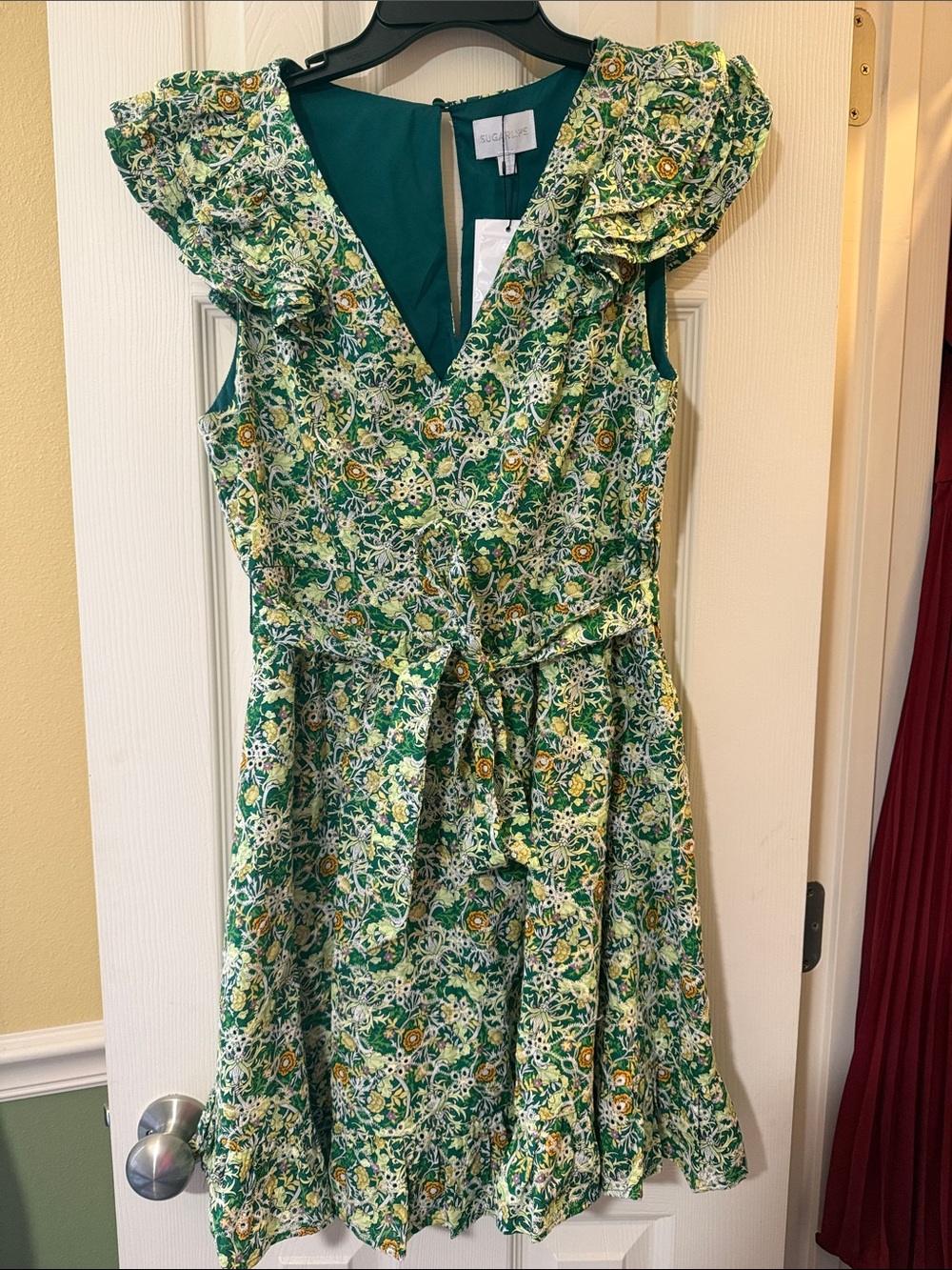 Sugarlips Green Floral V-Neck Ruffle Midi Dress